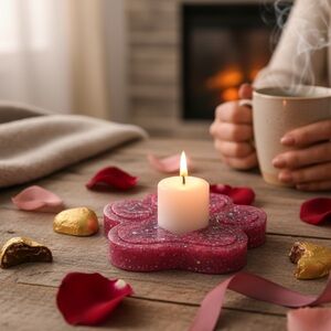 Paw Print/Flower Pink Glitter Double Sided Handmade Resin Candle Plate